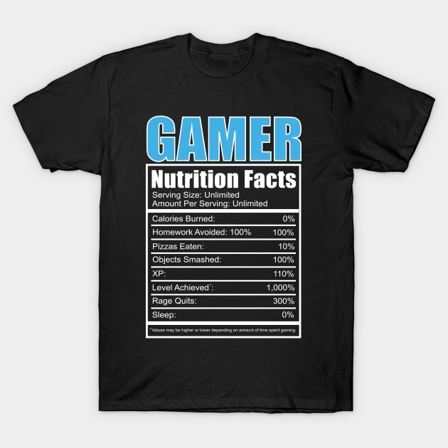 Gamer Nutrition Facts Video Games Kids Boys Funny Gaming Console Controller Level Retro T-Shirt by Shirtsurf